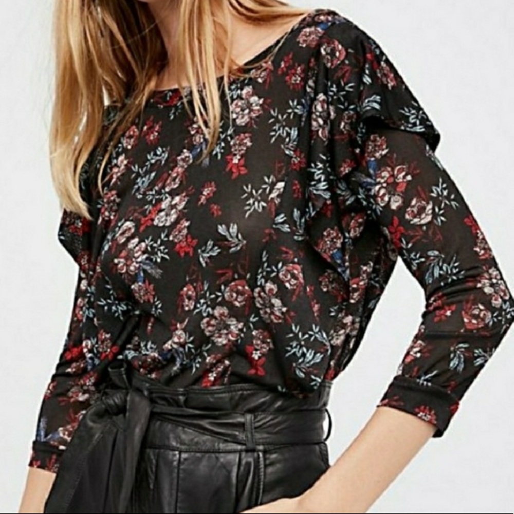 New Free People size Small Semi Sheer Stretch Floral Ruffle Top Black Multicolor